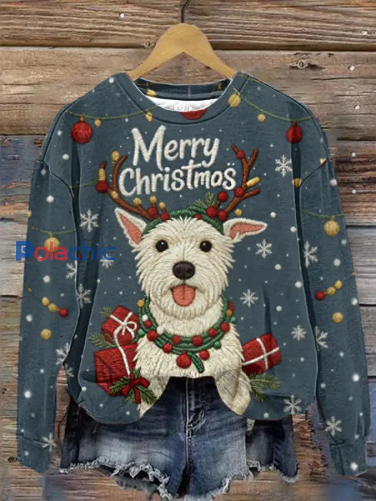 Noël chien mignon Denim Patchwork régulière Sweatshirt des femmes Bleu / S