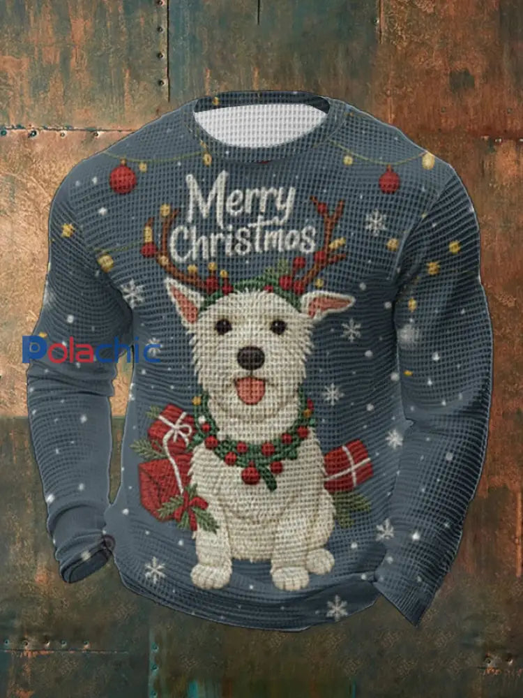 Noël chien mignon Denim Patchwork Waffle T-shirt à manches longues pour hommes Bleu / S