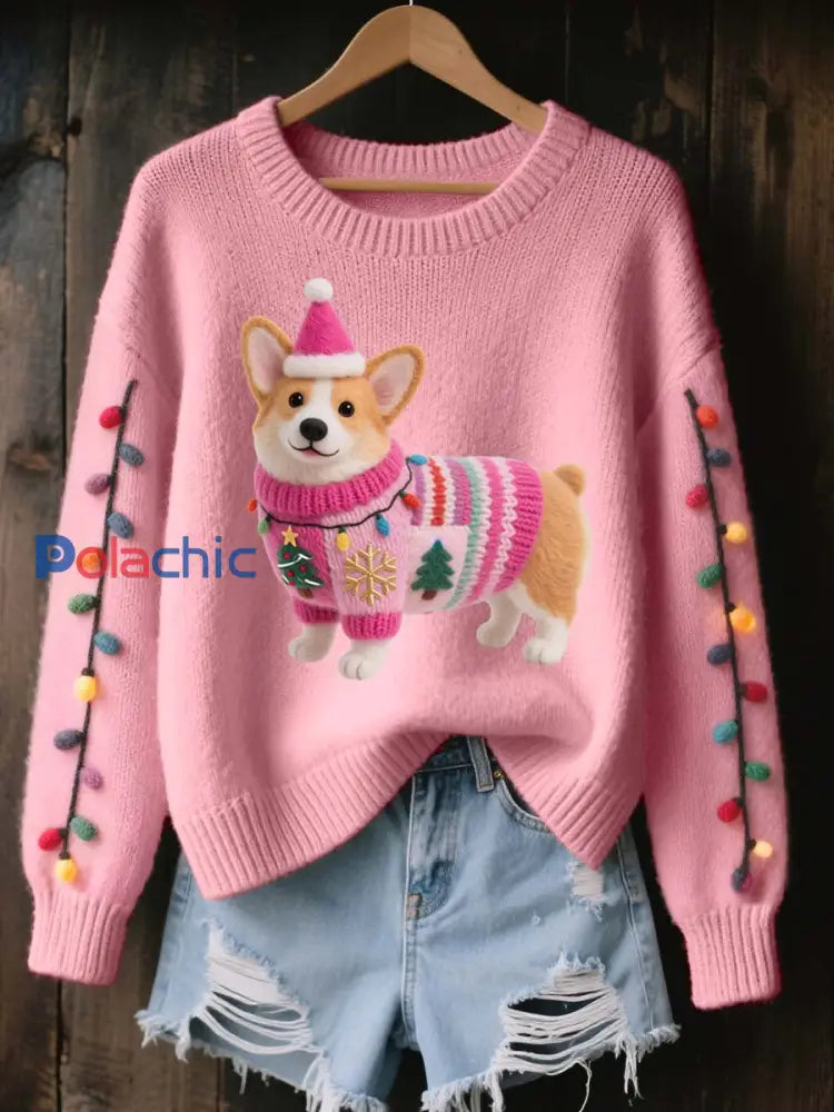 Noël Corgi chien feutre Art confortable tricot pull femme Rose / S