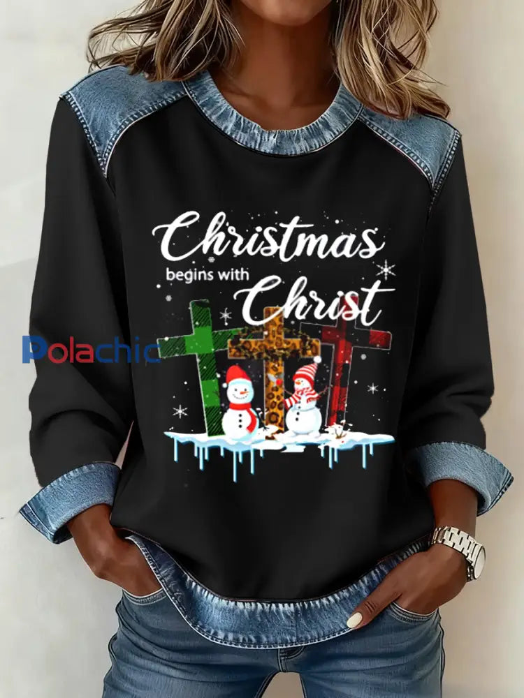 Noël des femmes commence avec le Christ Denim Patchwork Top Noir / S
