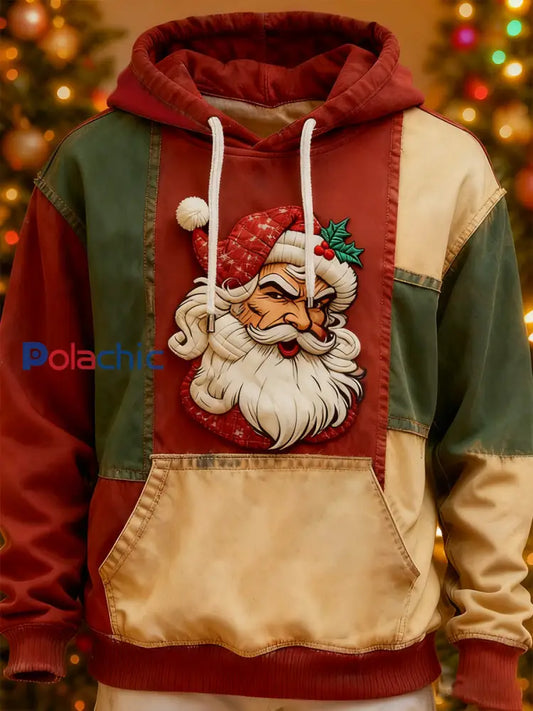 Noël Père Noël Art Patchwork Colorblock Hoodie pour hommes avec poches comme image / S