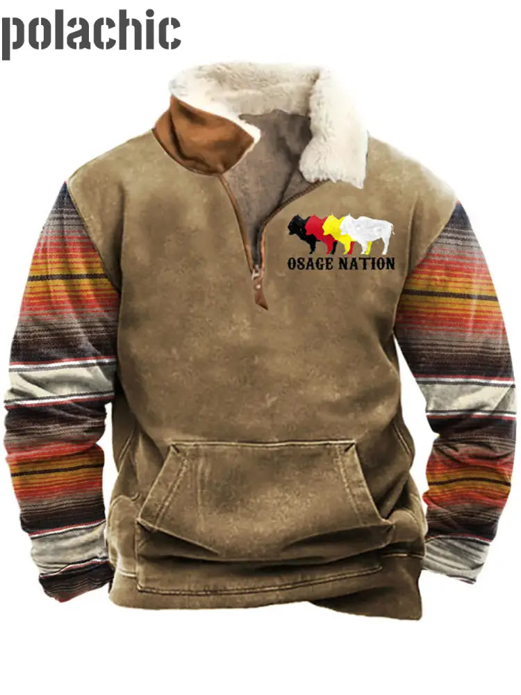 Osage Nation Imprimé Revers Col Fluffy Fermeture Éclair Poche Casual Loose Sweatshirt A / S