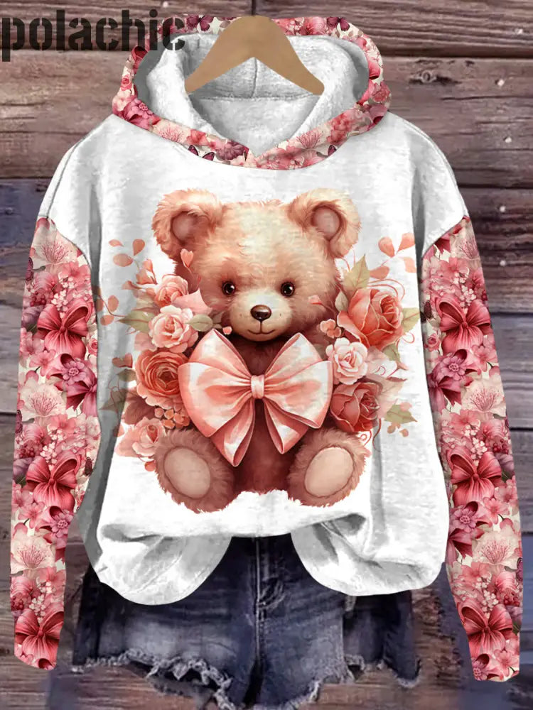 Ours Rose Imprimé Col Rond Pull Loose Manches Longues Sweat À Capuche A / S