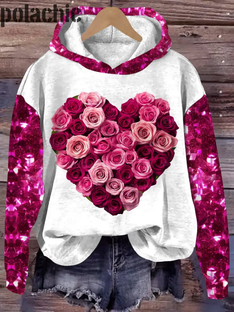 Paillette Rose Coeur Imprimé Col Rond Pull Loose Manches Longues Sweat À Capuche A / S