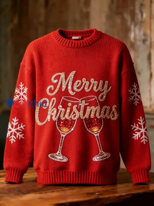 Paillettes de Noël rétro Cocktail Flocons de neige Art Imprimer Pull à manches longues Rouge / S