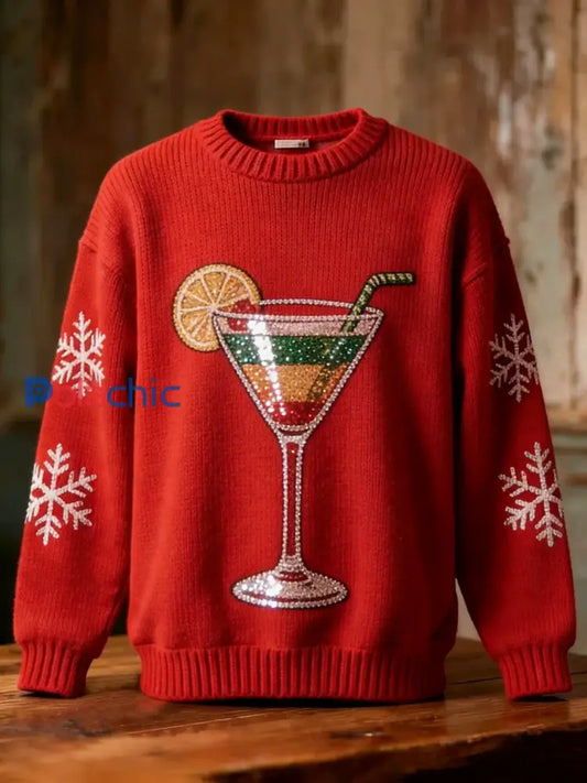 Paillettes de Noël rétro Cocktail Flocons de neige Art Imprimer Pull à manches longues Rouge / S