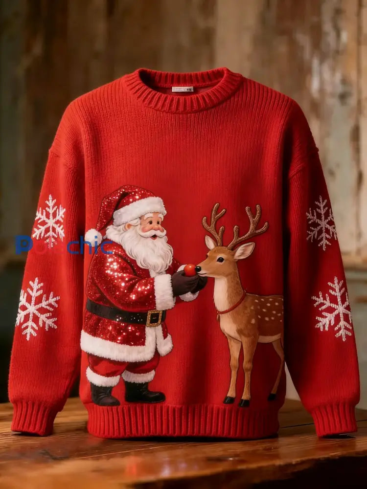 Paillettes de Noël rétro Santa Reindeer Snowflakes Art Print Pull à manches longues Rouge / S