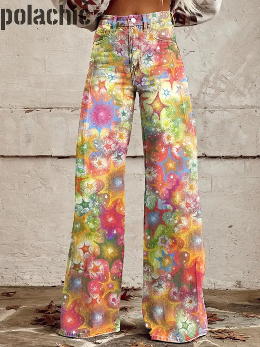 Pantalon À Jambe Large Décontracté Rétro Couleur Étoile Pour Femme