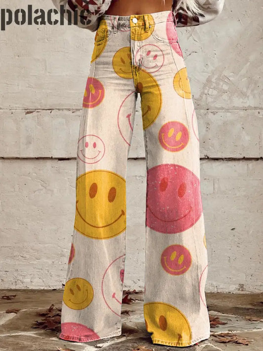 Pantalon À Jambe Large Décontracté Rétro Imprimé Smiley Pour Femmes