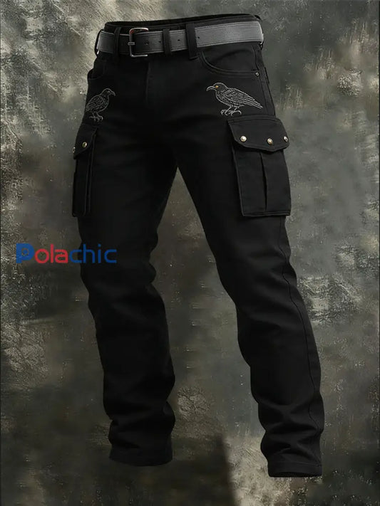 Pantalon Cargo Homme Noir Élégant Brodé Raven Multicolore / S
