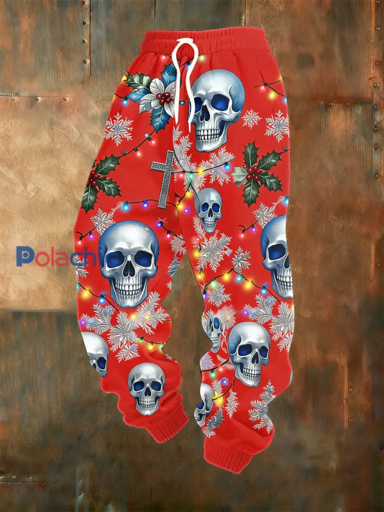 Pantalon Crâne de Noël Vintage Homme Rouge / S