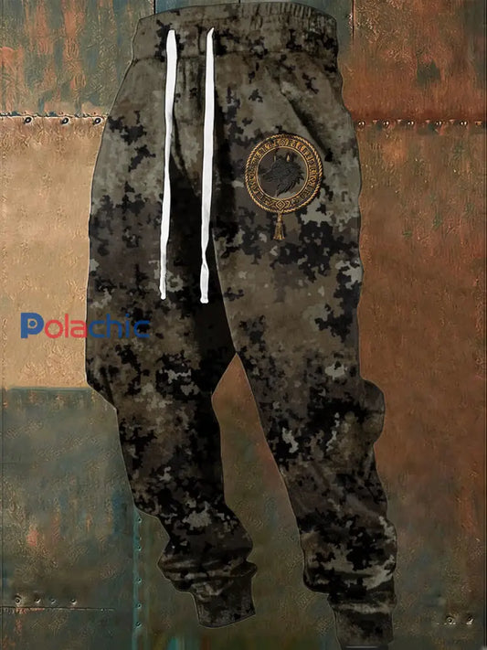 Pantalon de jogging élégant Camo Wolf Crest Drawstring pour hommes Multicolore / S