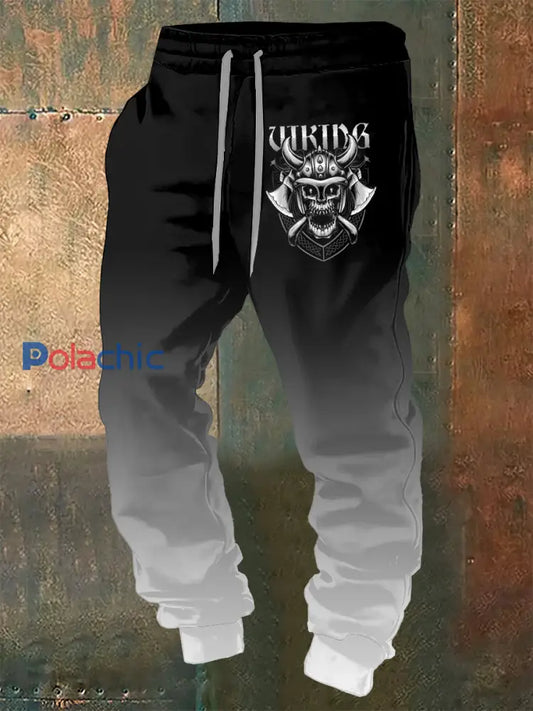 Pantalon de sport à cordon de serrage imprimé Viking Skull pour homme Noir / S