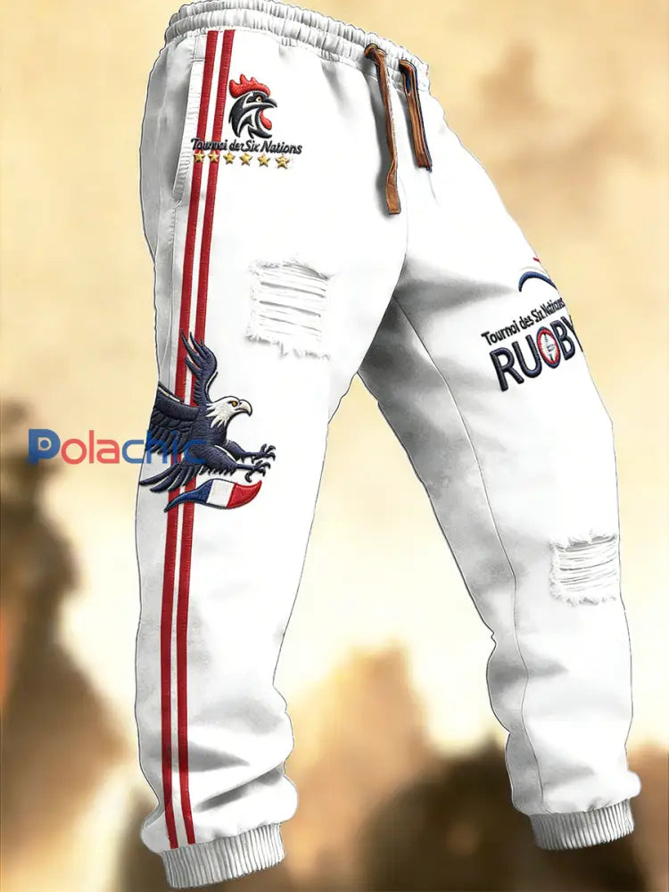 Pantalon de sport blanc à imprimé déchiré pour hommes équipe de rugby française Blanc / S