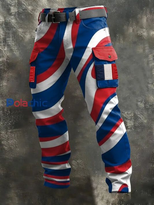 Pantalon de travail décontracté à rayures abstraites rétro drapeau français Multicolore / S