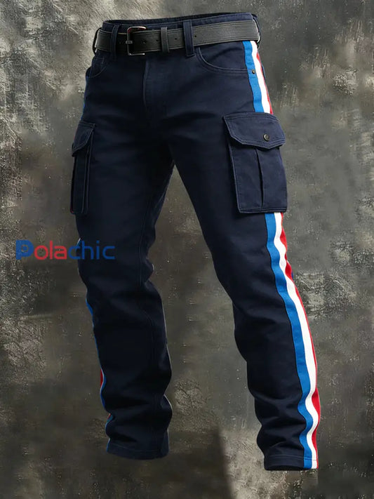 Pantalon de travail décontracté rétro drapeau français rayure patchwork Bleu Foncé / S