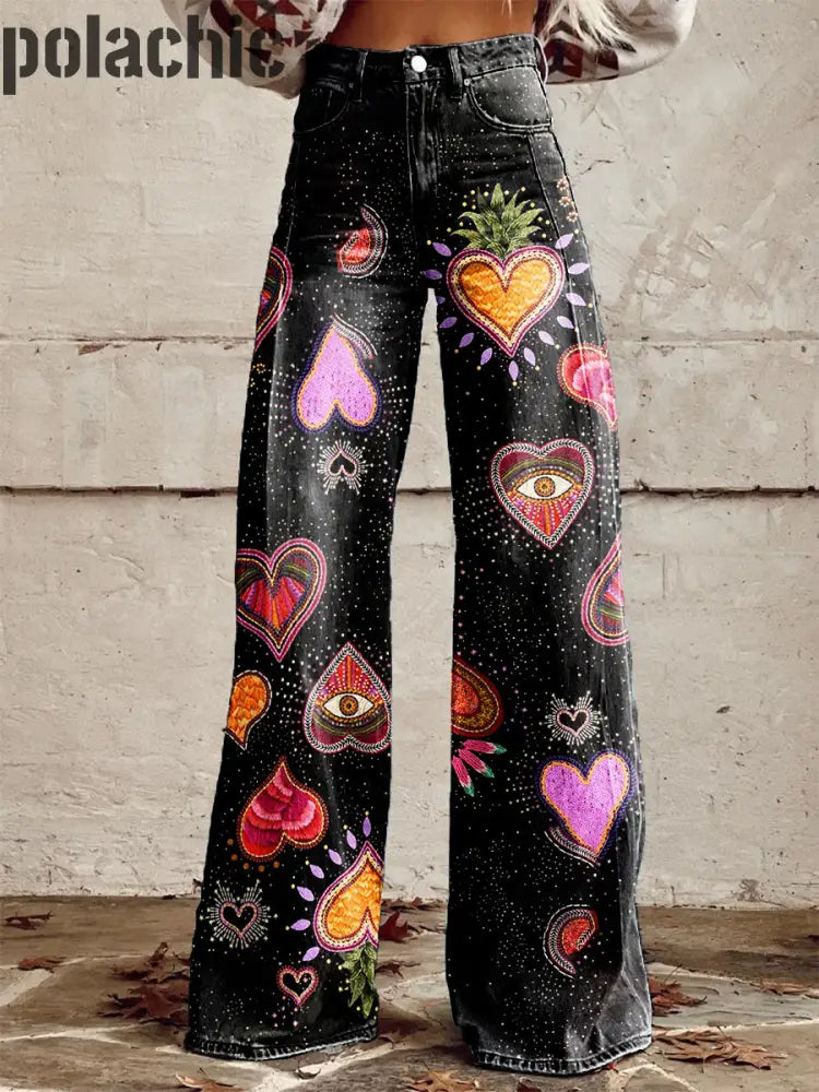 Pantalon Décontracté À Jambe Large Imprimé Graphique Rétro Pour Femmes