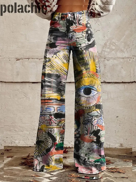 Pantalon Décontracté À Jambe Large Imprimé Rétro Art Graffiti Pour Femme