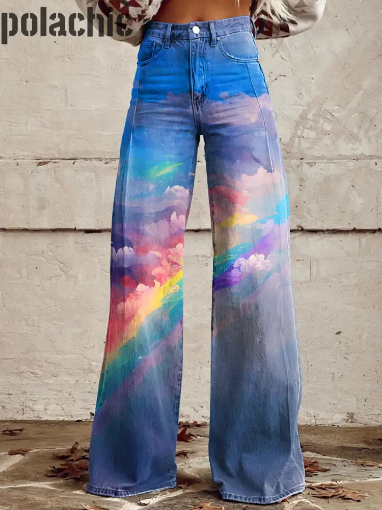 Pantalon Décontracté À Jambe Large Rétro Imprimé Arc-En-Ciel Pour Femmes