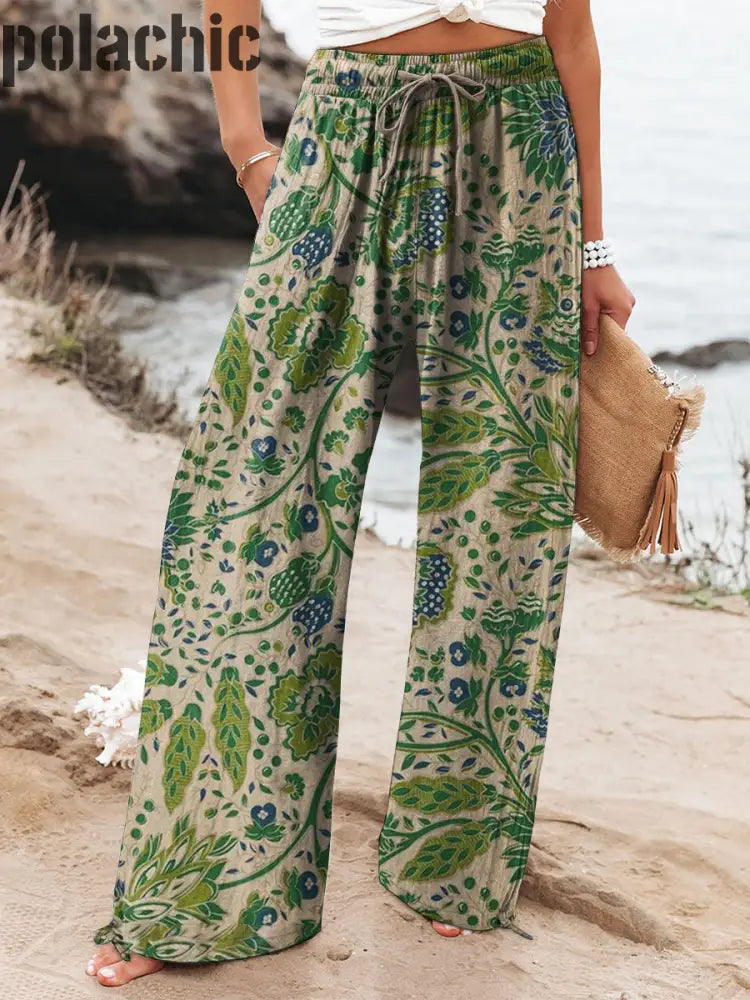 Pantalon Décontracté À Poche Taille Élastique Imprimé Floral Rétro A / S