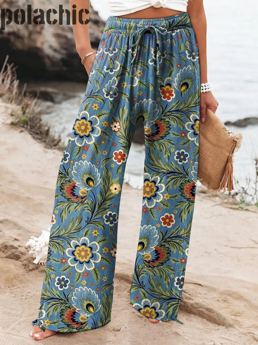 Pantalon Décontracté À Poche Taille Élastique Imprimé Floral Rétro A / S