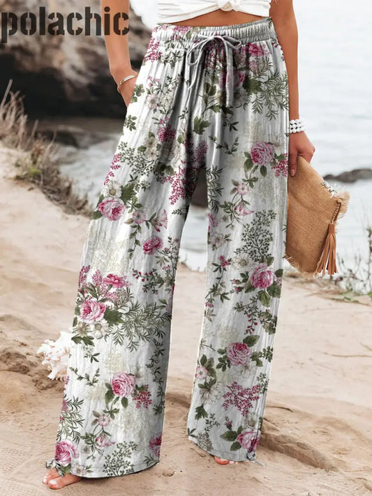 Pantalon Décontracté À Poche Taille Élastique Imprimé Floral Rétro A / S