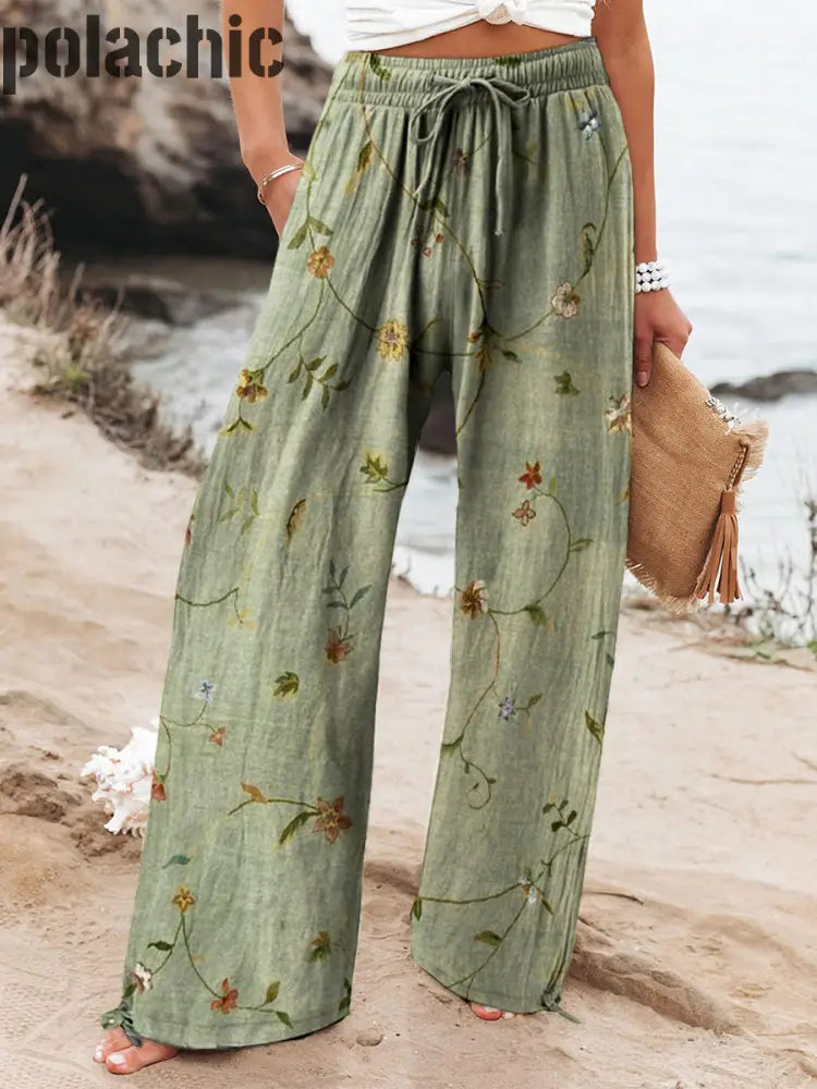 Pantalon Décontracté À Poche Taille Élastique Imprimé Floral Rétro A / S