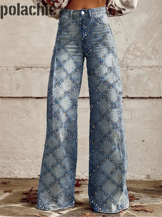 Pantalon Décontracté En Denim À Imprimé Rétro Pour Femmes