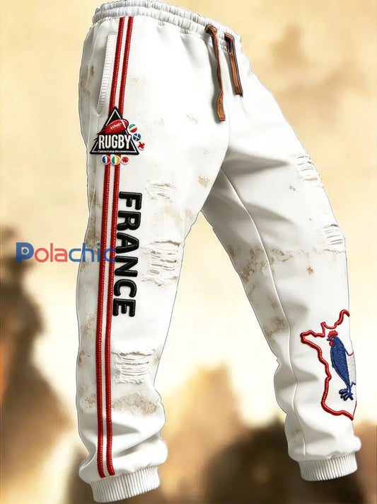 Pantalon Décontracté Homme Blanc Style Rugby Français Imprimé Détresse Blanc / S
