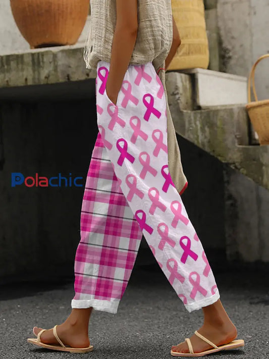 Pantalon Décontracté Imprimé Ruban Rose Pour Femme Rose / S