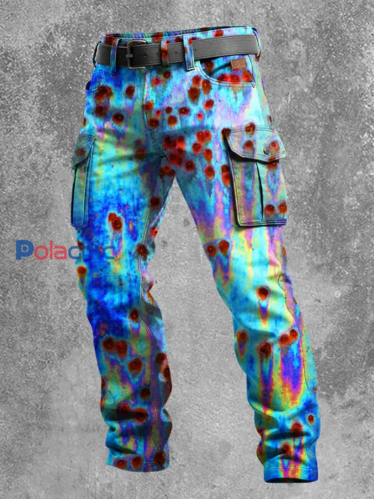 Pantalon décontracté pour le travail avec impression artistique rétro de vacances pour hommes Bleu / S