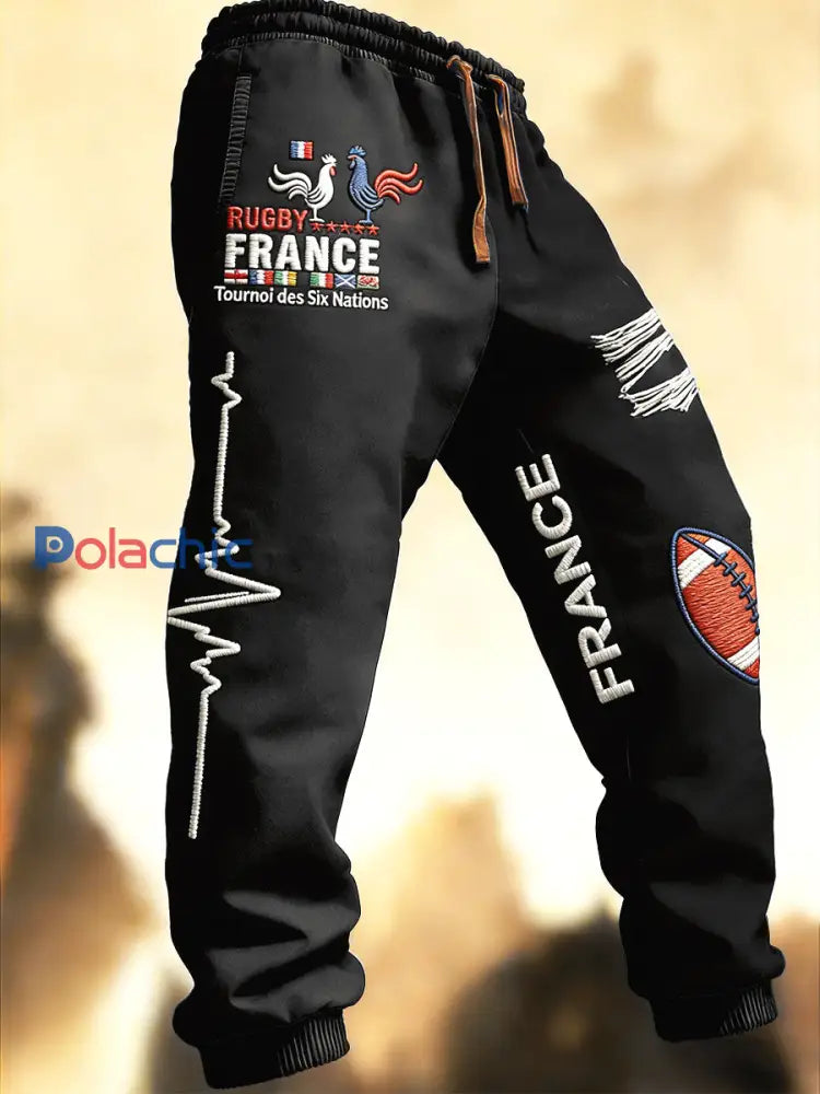 Pantalon Homme Mode Noir French Rugby Six Nations Imprimé Détresse Noir / S