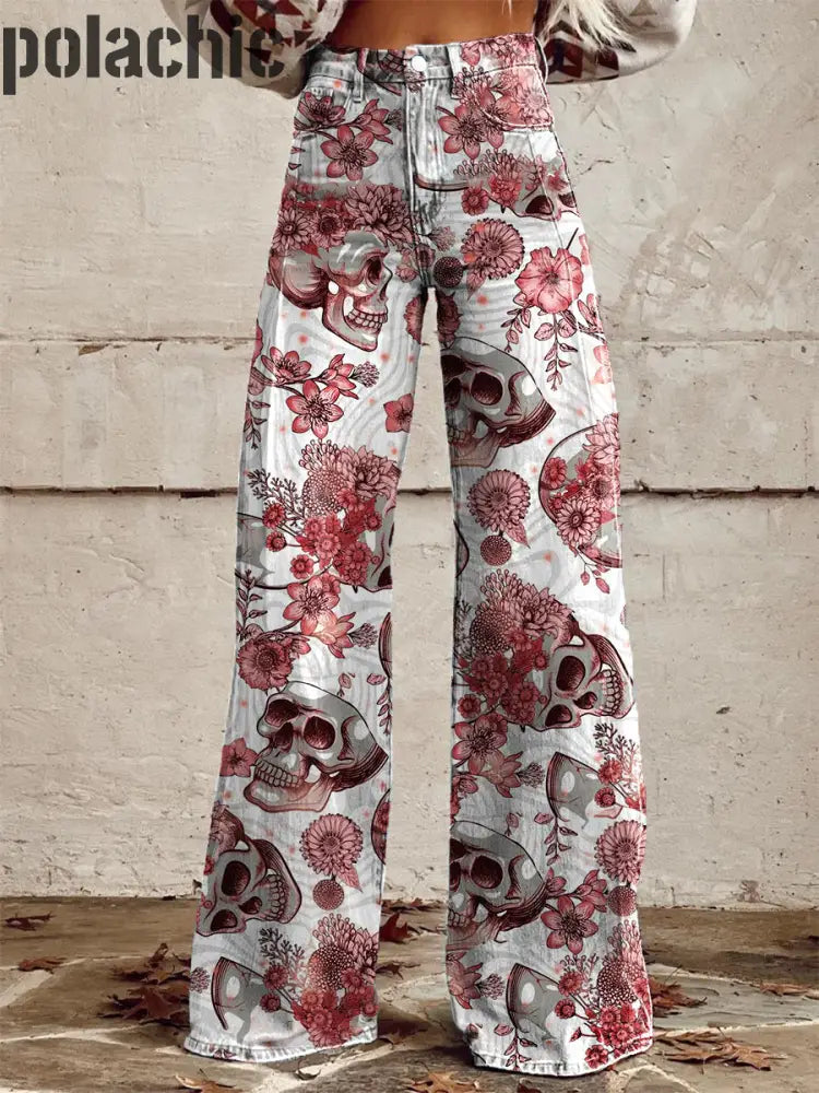 Pantalon Large Décontracté À Imprimé Floral Punk Skull Pour Femme