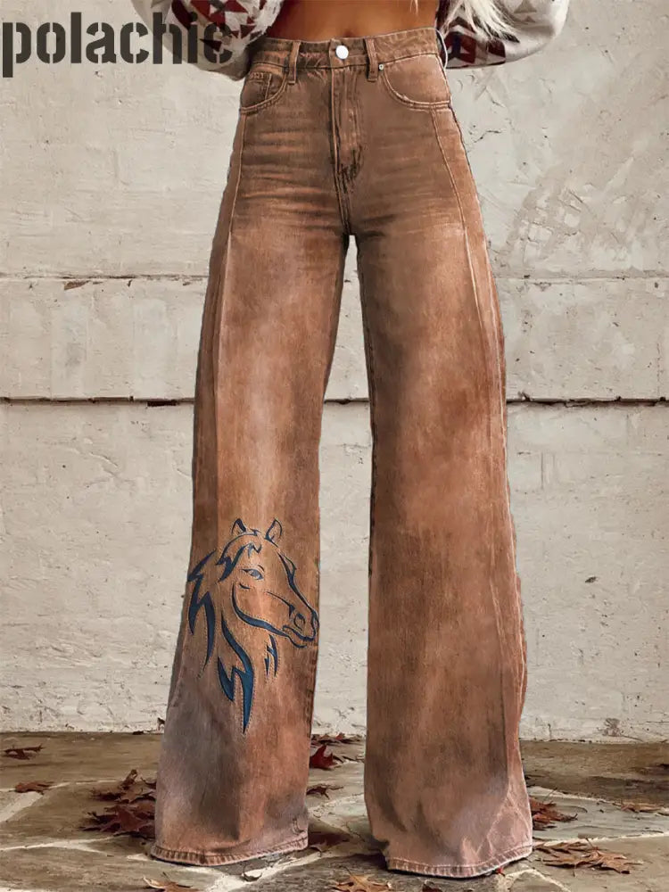 Pantalon Large Décontracté À Imprimé Graphique Western Pour Femmes