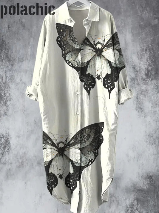 Papillon Vintage Élégant Imprimé Col En V Bouton Revers Lâche Robe Chemise Midi A / S