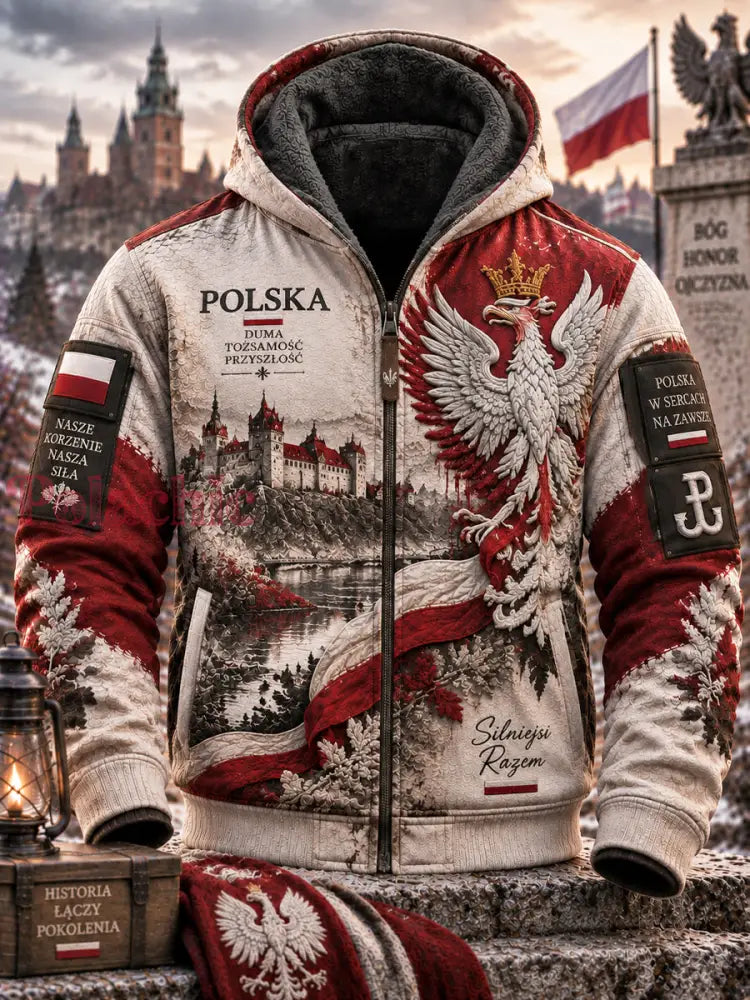 Patriotyczna odzież dziedzictwa kulturowego: codzienna kurtka z kapturem ocieplana polarową podszewką - Jak na zdjęciu