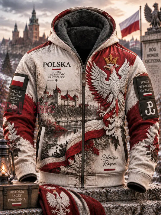 Patriotyczna odzież dziedzictwa kulturowego: codzienna kurtka z kapturem ocieplana polarową podszewką - Jak na zdjęciu