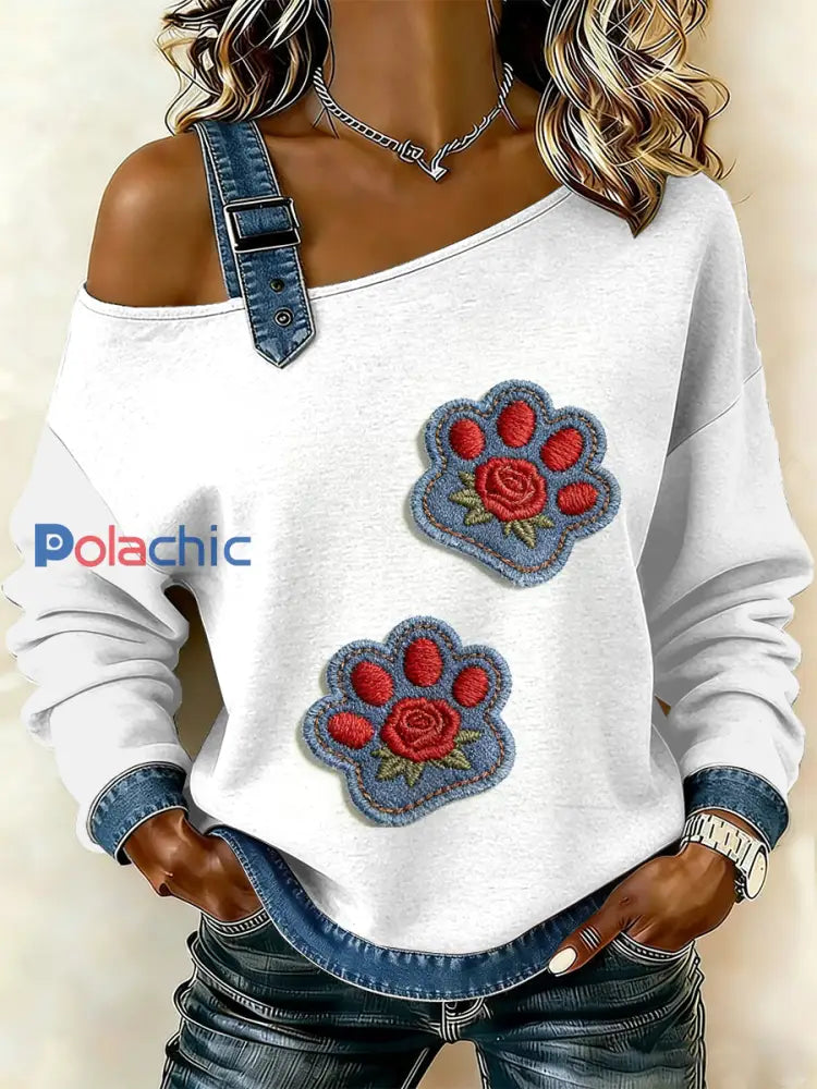 Patte de chat Vintage Patte Patchwork Imprimer Casual Off-épaule Sweatshirt comme image / S