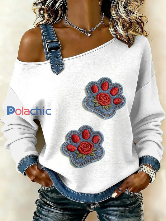 Patte de chat Vintage Patte Patchwork Imprimer Casual Off-épaule Sweatshirt comme image / S