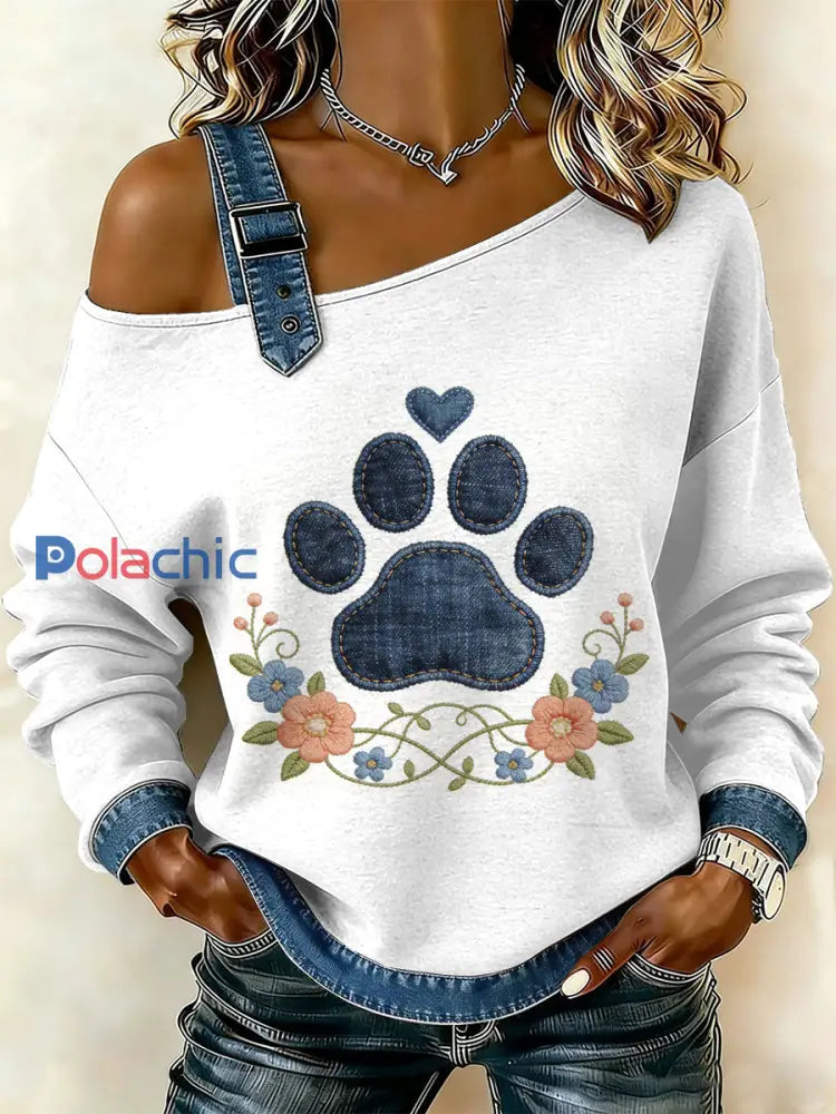Patte Patchwork Imprimer Casual Off-épaule Sweatshirt Patte de chien Vintage des femmes comme image / S