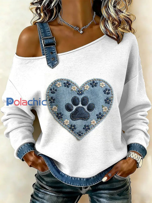 Patte Patchwork Imprimer Casual Off-épaule Sweatshirt Patte de chien Vintage des femmes comme image / S