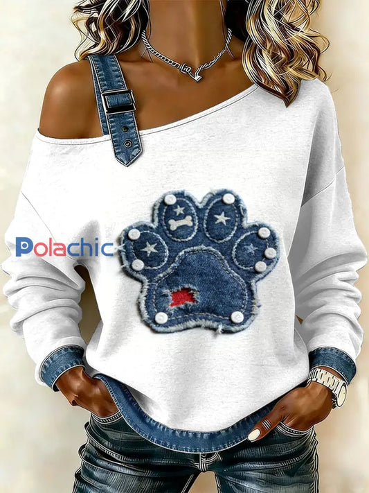 Patte Patchwork Imprimer Casual Off-épaule Sweatshirt Patte de chien Vintage des femmes comme image / S