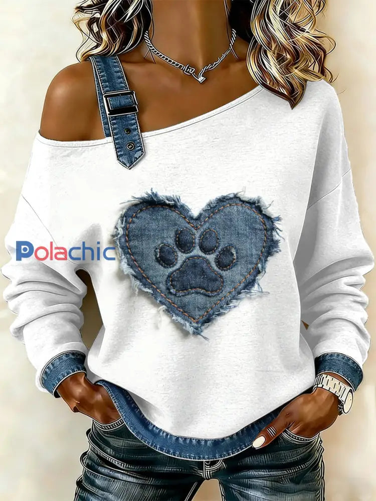 Patte Patchwork Imprimer Casual Off-épaule Sweatshirt Patte de chien Vintage des femmes comme image / S