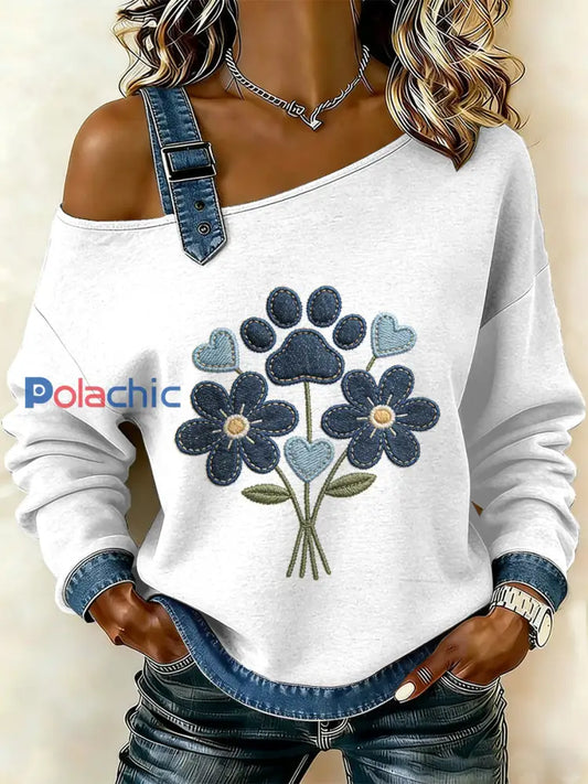 Patte Patchwork Imprimer Casual Off-épaule Sweatshirt Patte de chien Vintage des femmes comme image / S