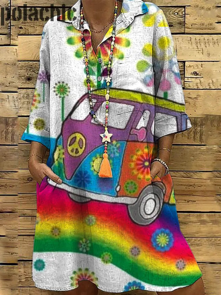 Peace Rainbow Bus Imprimé Col En V Vintage Chic Mid Midi Robe À Manches Longues A / S