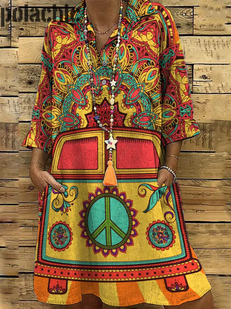 Peace Rainbow Bus Imprimé Col En V Vintage Chic Mid Midi Robe À Manches Longues A / S