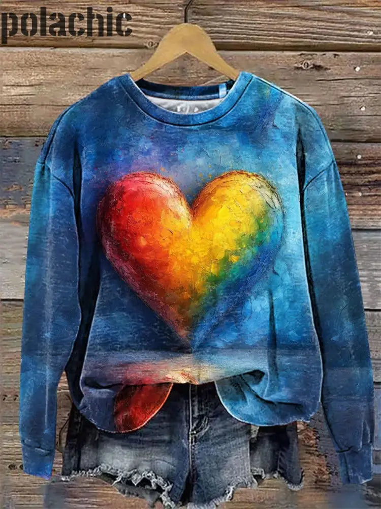 Peinture À L’huile Bleue Amour Imprimé Col Rond Pull Lâche Manches Longues Sweat A / S