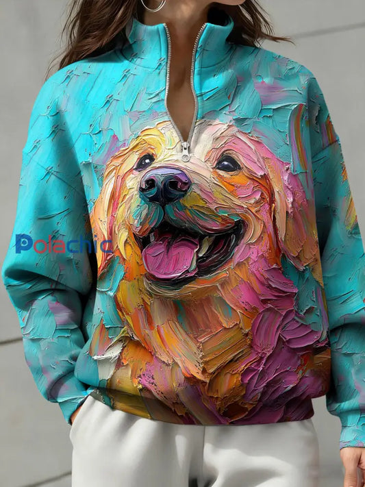 Peinture à l’huile Chiens Art Sweatshirt Femme Imprimé Bleu-Vert / S