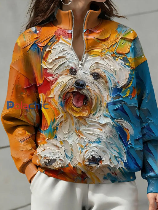 Peinture à l’huile Chiens Art Sweatshirt Femme Imprimé Orange / S