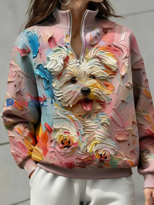 Peinture à l’huile Chiens Art Sweatshirt Femme Imprimé Rose / S